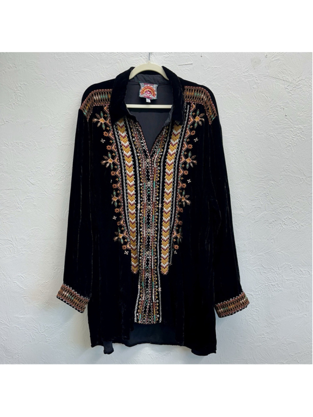 Johnny Was Chiri Silk Velvet Tunic Shirt Embroidered Sz XXL - EXCELLENT Black